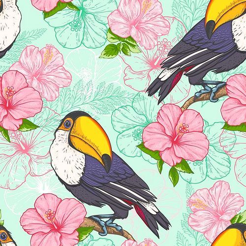 Tropical seamless pattern with toucan and flowers on a green background. Hand drawn vector illustration.