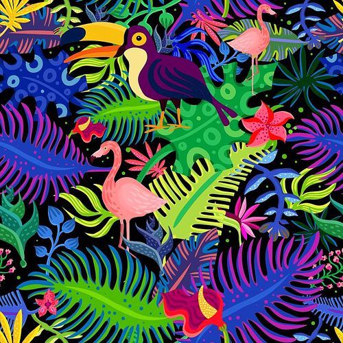 Tropical paradise exotic colorful seamless pattern with flamingo toucan birds and bright purple green foliage vector illustration