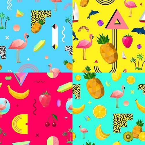 Decorative seamless polygonal patterns 4 squares composition with tropical fruits pink flamingo and dolphin abstract vector illustration