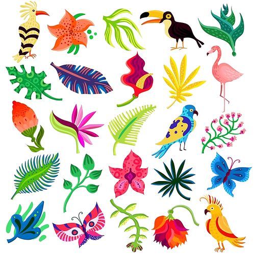 Tropical exotic set of twenty five flat isolated icons with hand drawn style leaves flowers and birds vector illustration