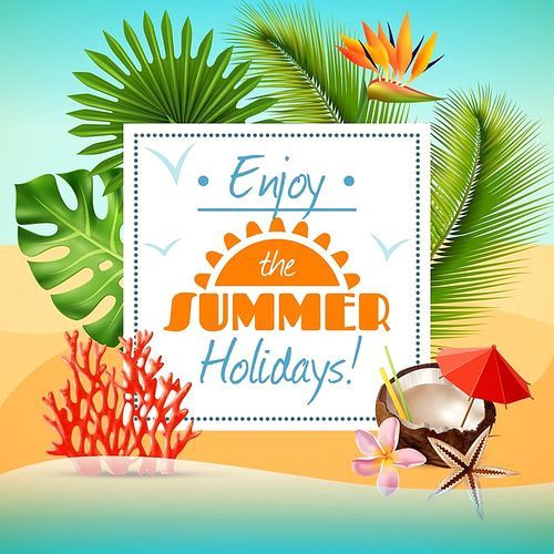 Realistic summer party poster with coconut cocktail and tropical plants on beach vector illustration