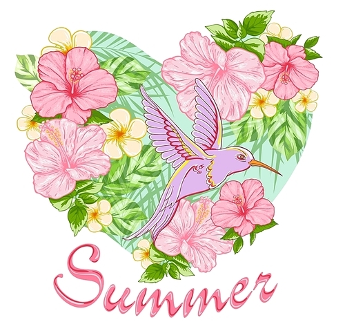 Pink tropical flowers and bird. Summer background with floral heart.