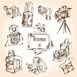 Sketch retro style photo set with camera and photography equipment isolated vector illustration