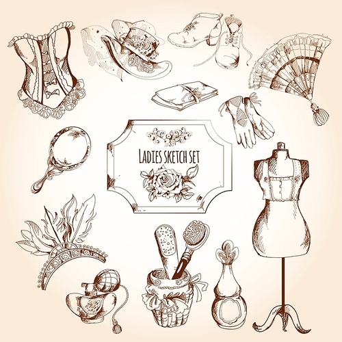 Ladies sketch set with retro woman fashion clothes and decorative elements isolated vector illustration