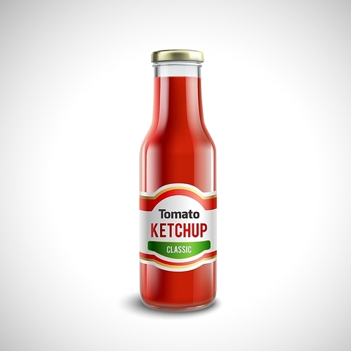 Classic ketchup glass bottle with glossy cap in realistic style isolated vector illustration