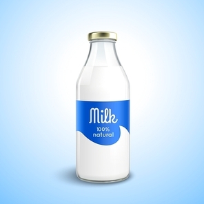 Closed traditional glass bottle of natural milk with glossy cap isolated vector illustration
