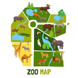 Cartoon zoo map with african animals tropical birds and inhabitants of taiga flat vector illustration