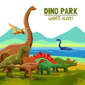 Different flying swimming and land dinosaurs with lake and mountains on background dino park cartoon poster vector illustration