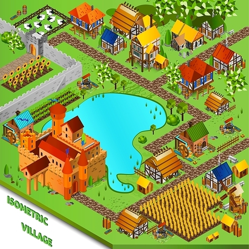 Medieval village with castle houses cattle and fields isometric vector illustration