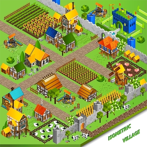 Medieval life background with castle cattle mill and harvest isometric vector illustration