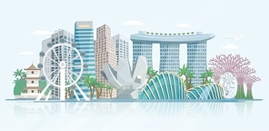 Singapore skyline panoramic view with modern central business district skyscrapers and historical temple building abstract vector illustration
