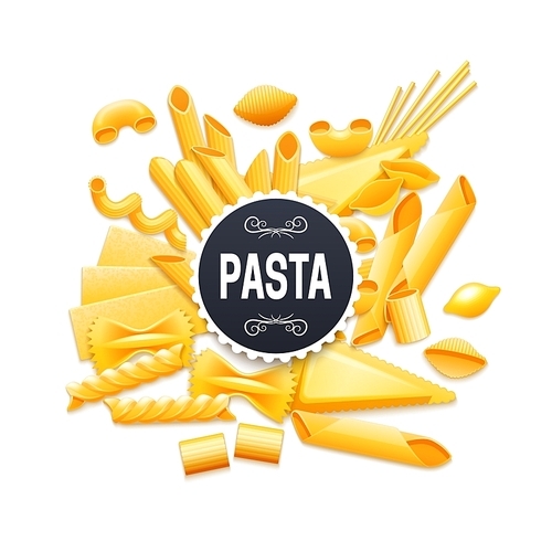 Italian traditional dry pasta varieties pictogram for product package label title or advertisement background realistic vector illustration