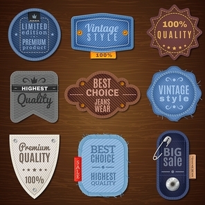 Vintage denim label icons on wood background with various forms vector illustration