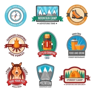Hiking emblem set with flat mountain camp symbols isolated vector illustration