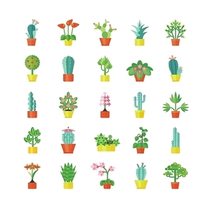House plants and flowers for interior decoration  flat icons collection with aloe and geranium abstract isolated vector illustration