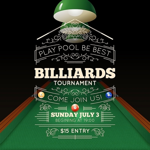 Billiards tournament realistic poster with price time and date vector illustration
