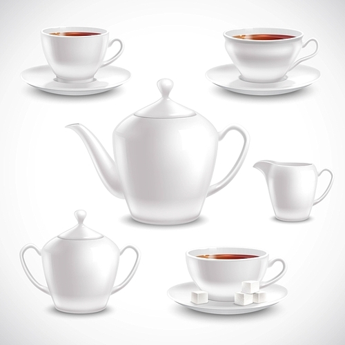 realistic tea set with filled teacups saucers pot and sugar bowl on white  vector illustration