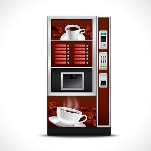 Realistic coffee vending machine with cups saucers and roasted grains on white  isolated vector illustration