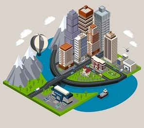 Isometric city concept with street skyscrapers and common elements of modern town vector illustration