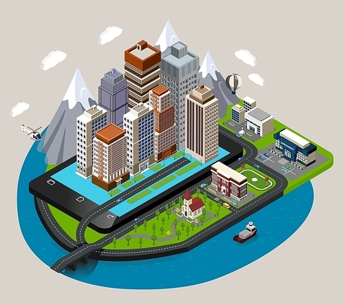 Isometric mobile city concept with abstract buildings street skyscrapers placed on the mobile device styled base vector illustration
