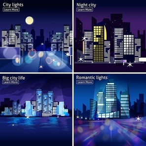 Four icon set with night cityscapes and lights in modern style isolated vector illustration