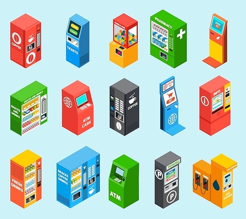 Vending dispensing machines selling gasoline alcohol tickets drinks and snacks colorful isometric icons collection isolated vector illustration