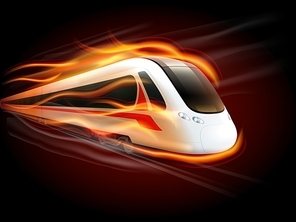 Night high-speed train on the way enwrapped in fire flames spectacular railways image poster  vector illustration