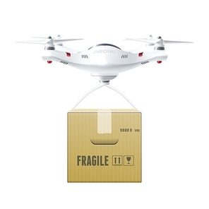 Unmanned drone with box of fragile cargo in realistic style design concept isolated vector illustration