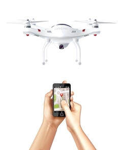 Unmanned drone and smartphone with  navigation app in human hands realistic concept vector illustration
