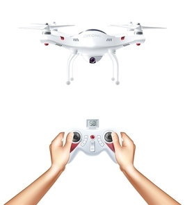 Unmanned drone with remote radio controller in human hands realistic concept vector illustration