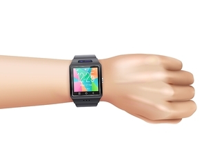 Smart watch gadget with colorful digital display face on left hand wrist realistic image vector illustration