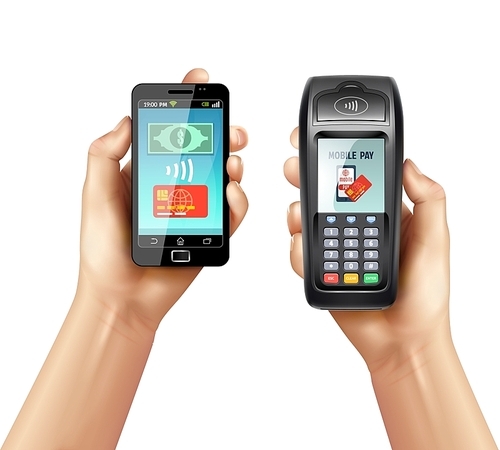 Hands with smartphone and payment terminal using mobile banking and mobile payment service vector illustration