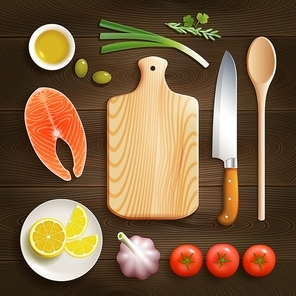 Cooking theme flat lay photo composition with cutting board raw salmon and lemon dark background vector illustration