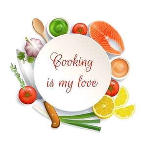 Love for cooking flat lay ingredients composition photo build around the plate with cock knife vector illustration