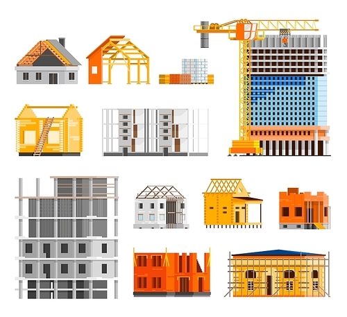 Construction orthogonal icons set with building a house symbols flat isolated vector illustration