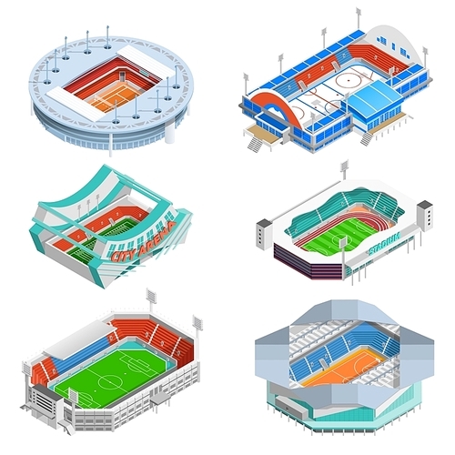 Sport stadium isometric icons set with football and hockey stadiums isolated vector illustration