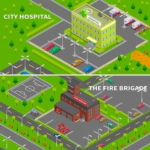 City constructor banners collection of hospital and fire station isometric top view concepts vector illustration