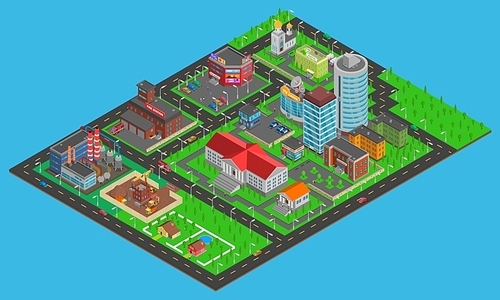 Modern city  isometric map with transport infrastructure industrial and residential areas on blue background vector illustration