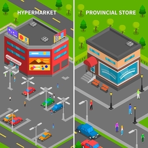 Store buildings isometric vertical banners set of hypermarket and provincial store top view with car parking and people vector illustration