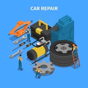 Isometric concept with tools and equipment used in car repair with figures of workers vector illustration