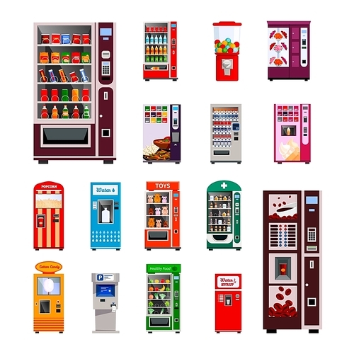 Vending machines icons set with toys water and coffee machines flat isolated vector illustration