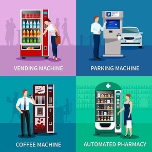 Vending machine concept icons set with parking and coffee machines flat isolated vector illustration