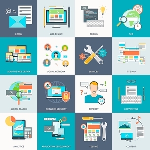 Set of stylish concept icons showing the website development process vector illustration