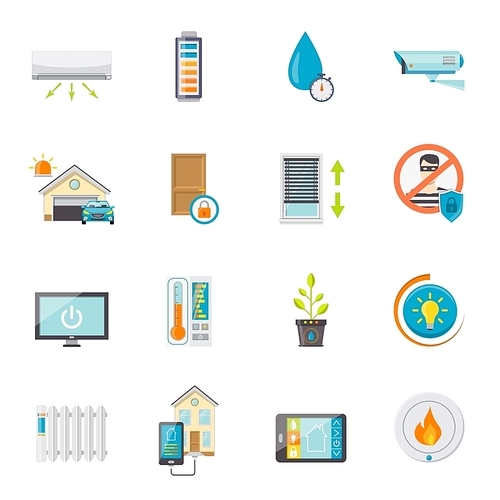 Smart house flat icons set with electronic technologies for comfort and safety isolated vector illustration