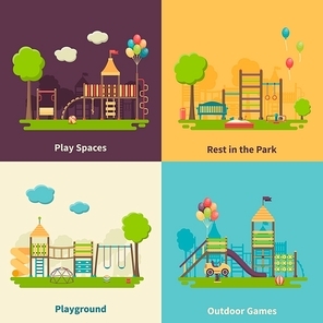 Color flat composition 2x2 depicting different outdoor playground and play spaces for rest in the park and games vector illustration