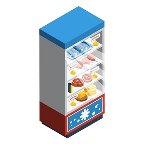 Food collection isometric abstract with fridge full of meat cheese fish and chicken vector illustration