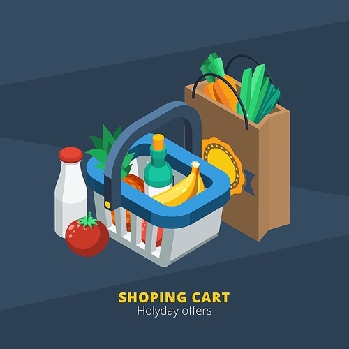 Isometric supermarket icon with shopping basket paper pack and food  vector illustration