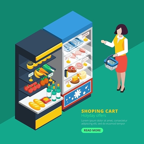 Isometric supermarket interior with shelving fridge and purchaser with shopping basket  beside vector illustration