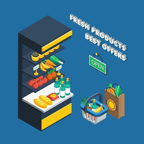 Isometric shelving icon in abstract shop and different accessories like shopping basket  pack and open plate vector illustration