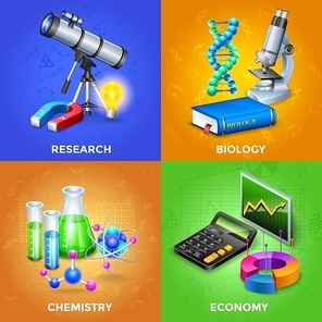 Science 2x2 design concept set with equipment for chemical biological and physical research vector illustration